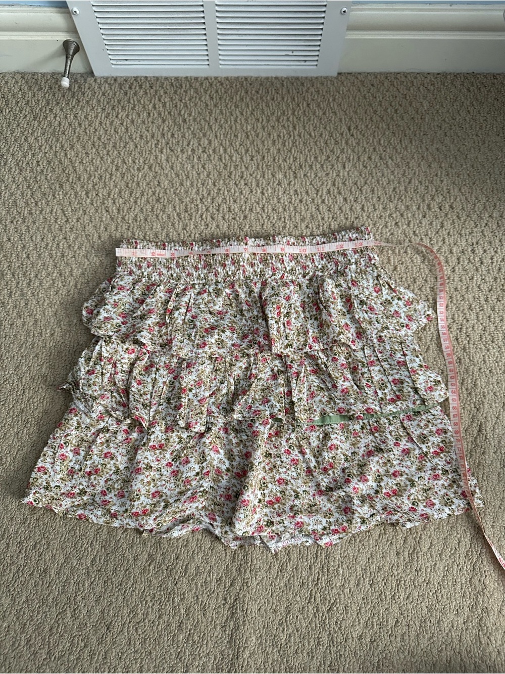 Costa Blanca Floral Ruffle Mini Skirt - White with Pink and Green Flowers